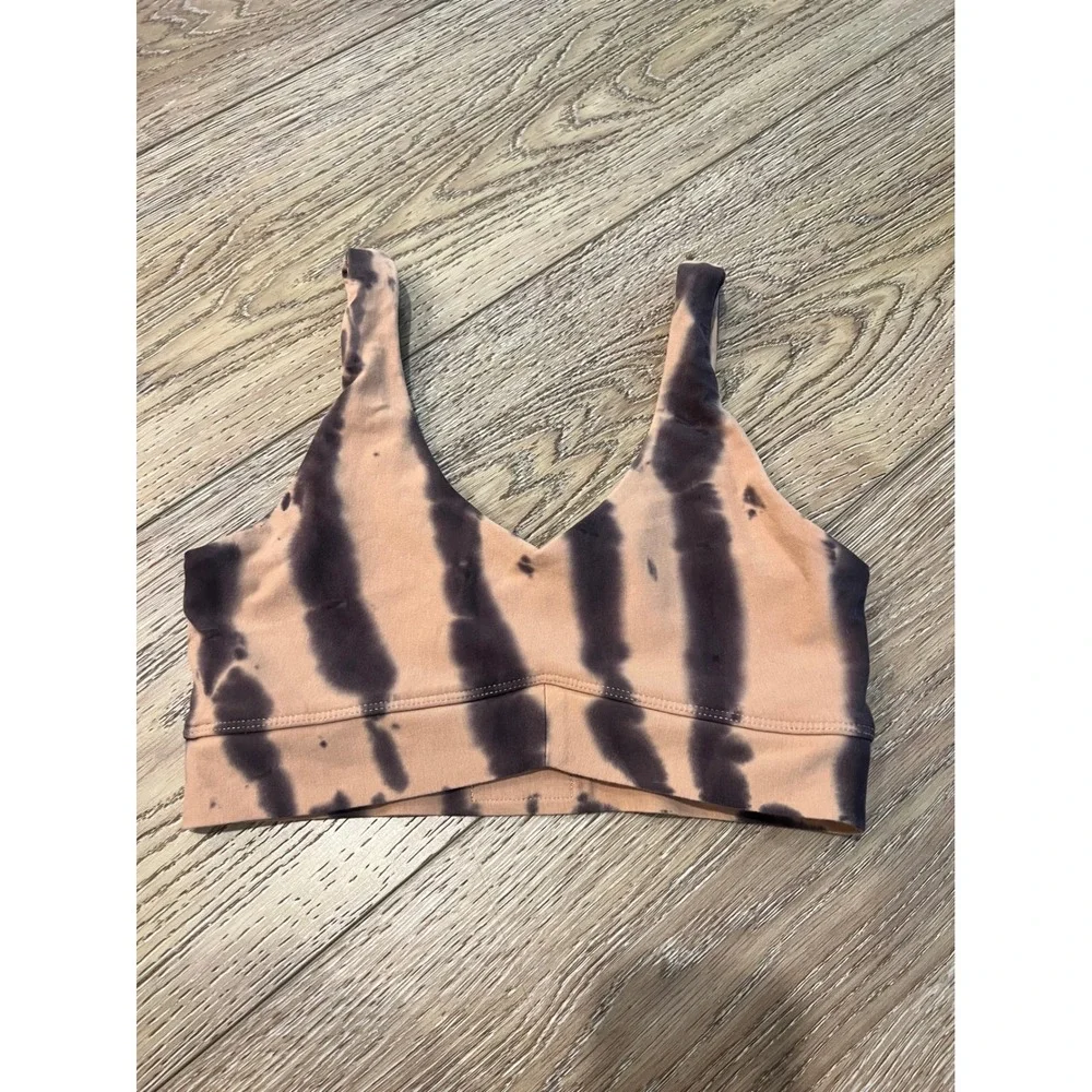Lorna Jane Women Tan Brown Tie Dye V-Neck Sports Bra Athletic‎ Top Size Small